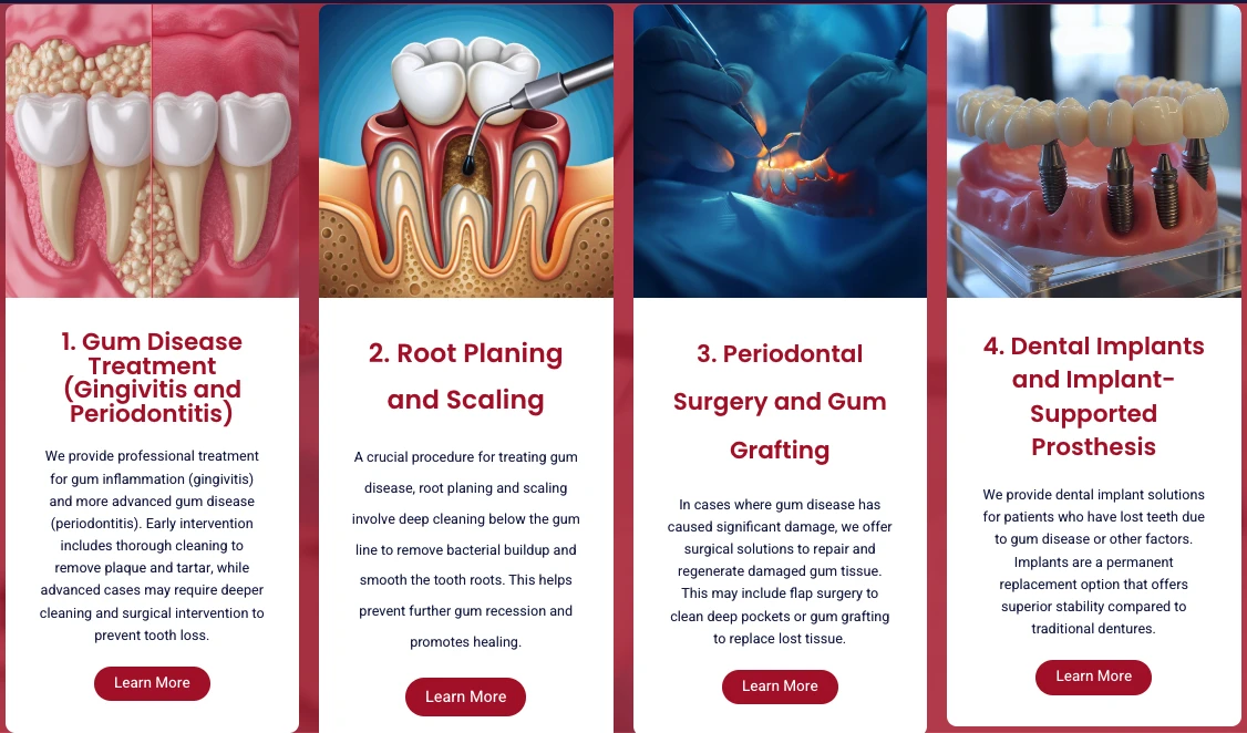 Four gum disease treatment approaches: gum disease treatment for gingivitis and periodontitis, root planing and scaling, periodontal surgery and gum grafting, and dental implants with implant-supported prosthesis